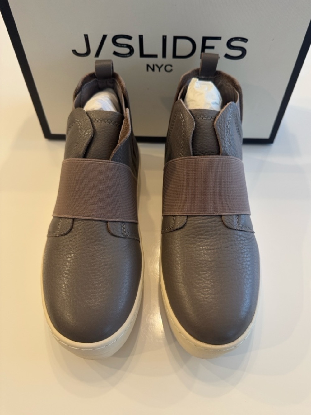 J/SLIDES Taupe Leather Slip-On Sneakers with Elastic Strap